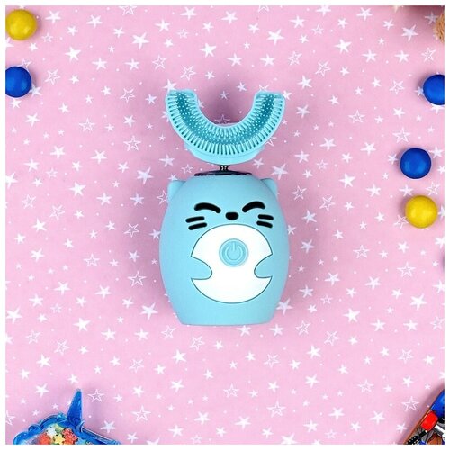фото Электрическая силиконовая детская зубная щётка- капа kitty smart u со стаканом, голубая baziator