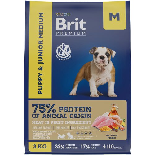 Сухой корм для щенков и молодых собак Brit Premium Puppy and Junior Medium с курицей 1 уп. х 1 шт. х 3 кг (для средних пород)