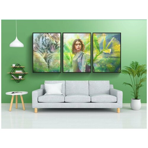 фото Набор модулных постеров для интерьера "волшебная страна, тигр, девочка" 60x90 см. в тубусе, без рамки lotsprints