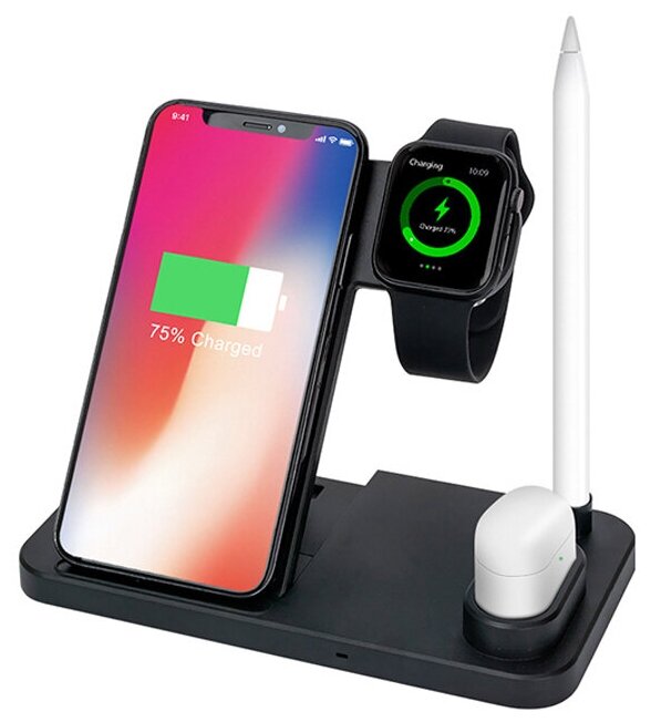 Зарядная станция 4 в 1 для устройств Apple / iPhone, Apple Watch, Airpods, Apple Pencil / черная