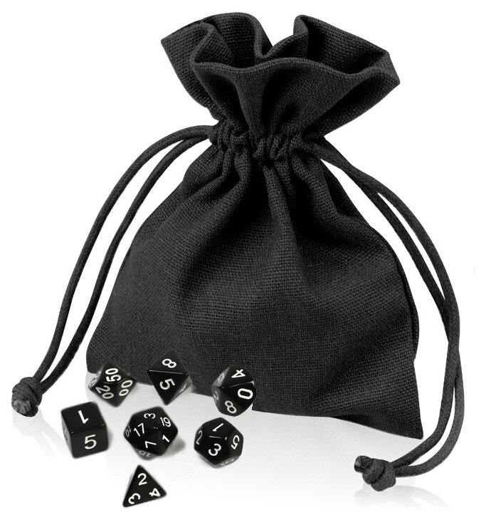 Кубики для D&D в подарочном мешочке (Dungeons and Dragons, ДнД), 7 шт, черные