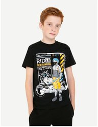 Чёрная футболка с аниме-принтом для мальчика Gloria Jeans, размер 10-12л/146-152