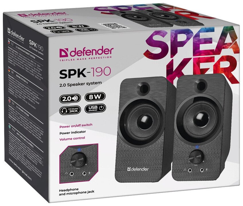 Акустическая система 2.0 Defender SPK-190 black (8Вт, питание от USB) (65190)