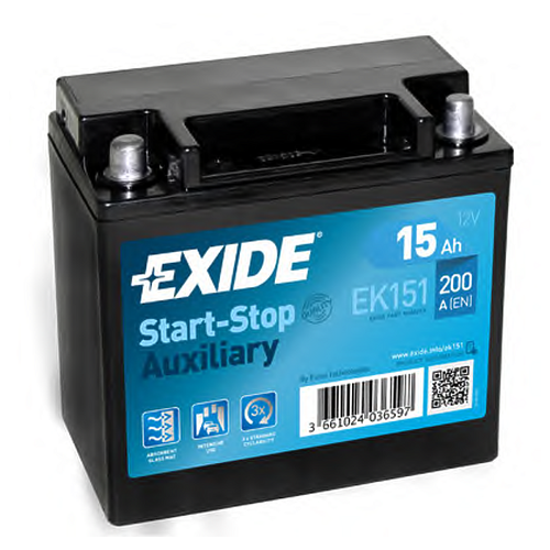 фото Exide ek151 (cx2310c655ac) аккумулятор start&stop auxiliary 12v 14ah 200a 150x90x145 полярность etn1 клемы малый конус креплени