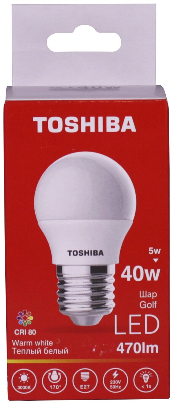 Лампа светодиодная TOSHIBA 5 Вт Е27 шар G45 3000 K теплый свет 220В матовая