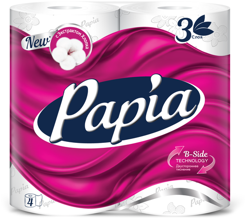 Туалетная бумага Papia белая трехслойная 4 рул., белый, без запаха