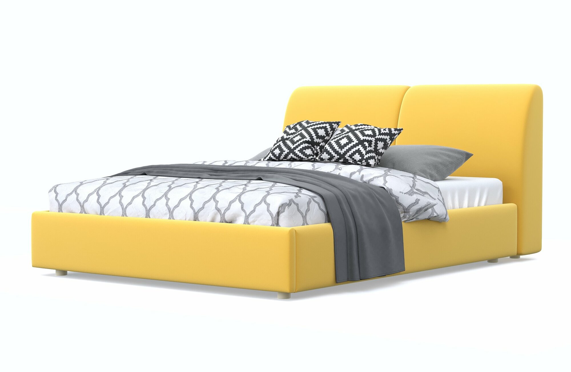 Полутороспальная кровать бекка 120х200, с мягким изголовьем, желтый, велюр, массив дерева, на ножках