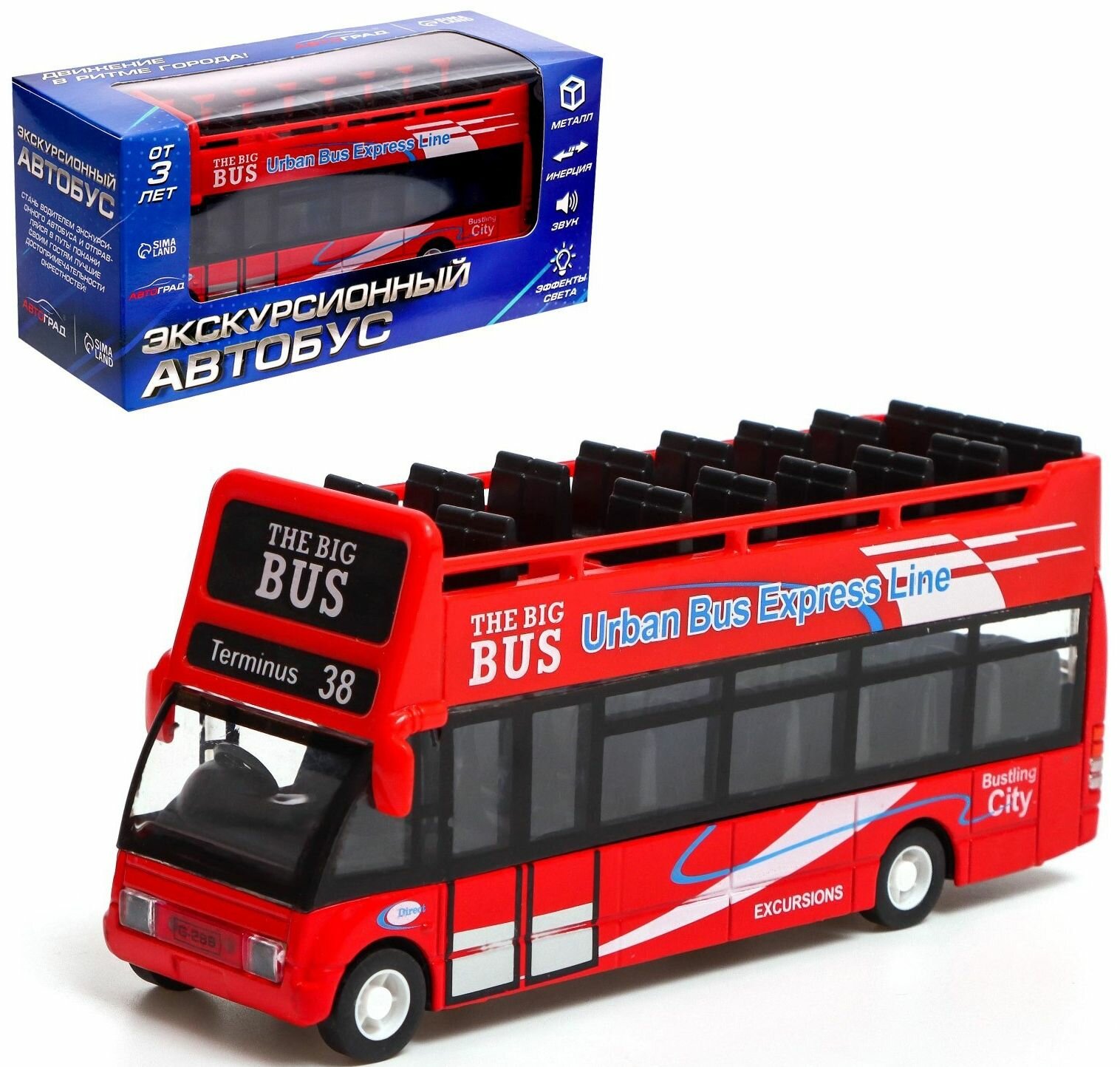 Автобус "Экскурсионный" инерционный, металлическая модель, игрушечный транспорт со световыми и звуковыми эффектами, цвет красный