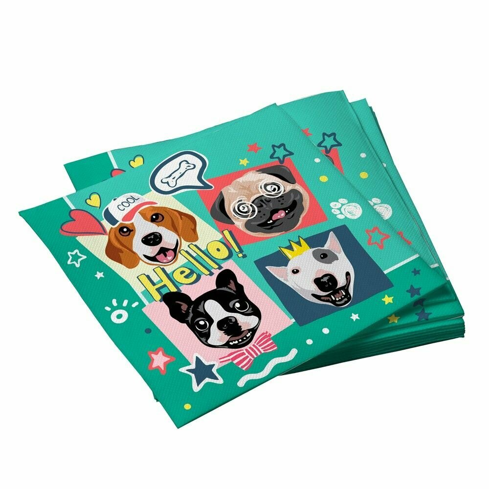 Салфетки бумажные ND Play / Собачки на зеленом (трехслойные 33х33 см, 20 шт)