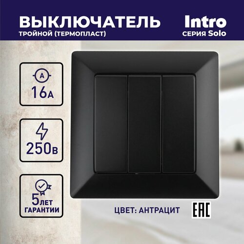 Выключатель Intro Solo 4-106-05 трехклавишный 10А-250В IP20 СУ черный