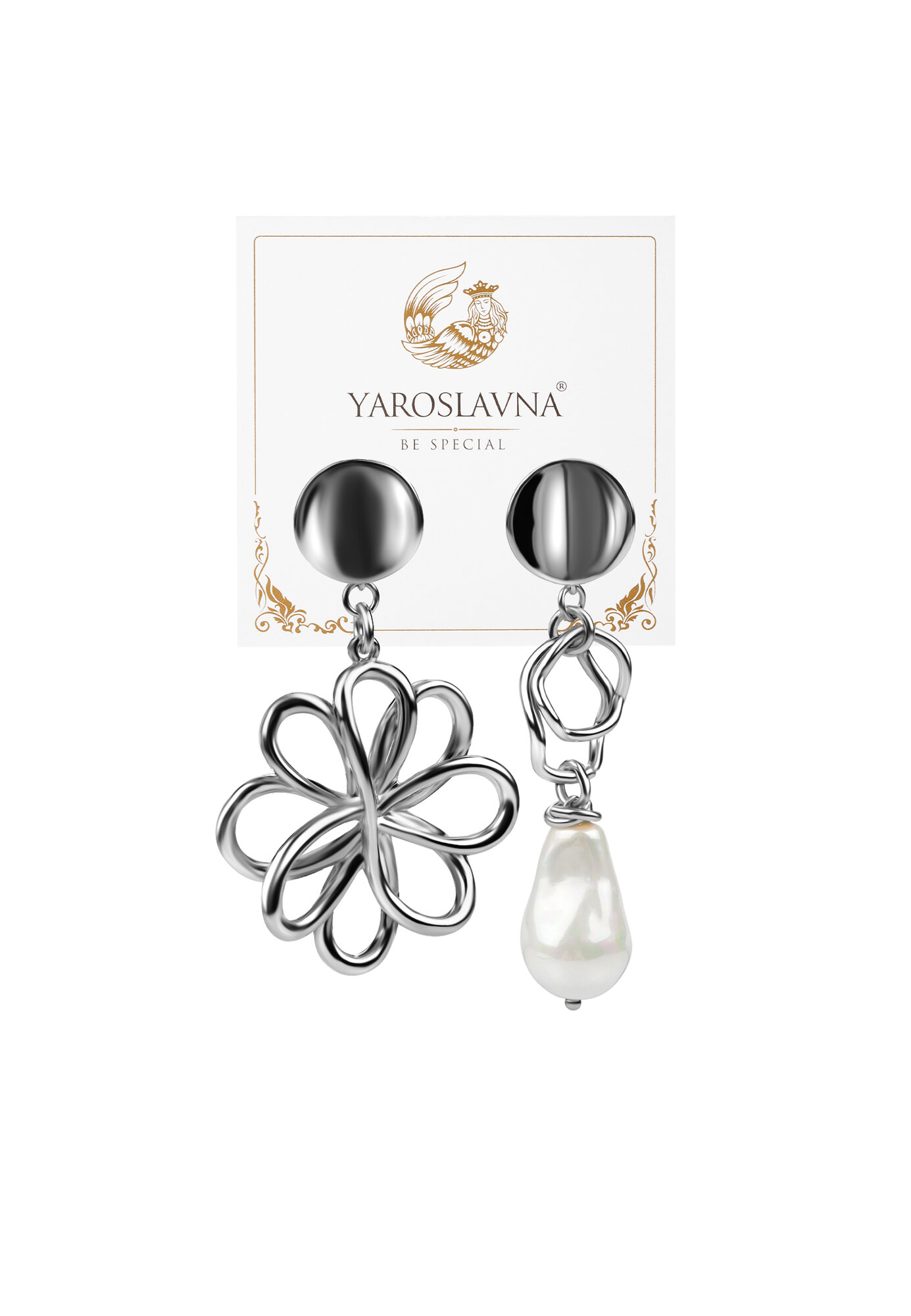 Серьги с подвесками YAROSLAVNA, размер 60 мм, серебристый/белый — фото 1