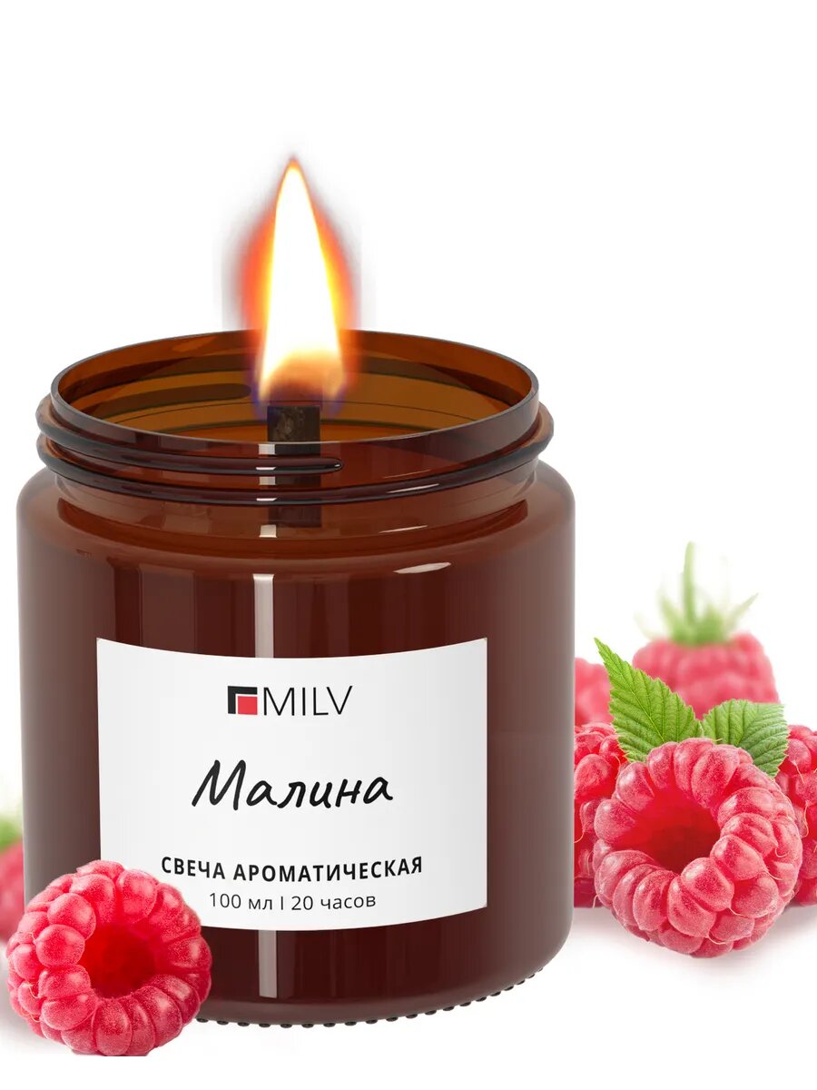 MILV Свеча ароматическая, с деревянным фитилем "Малина" 100 мл, до 20 час