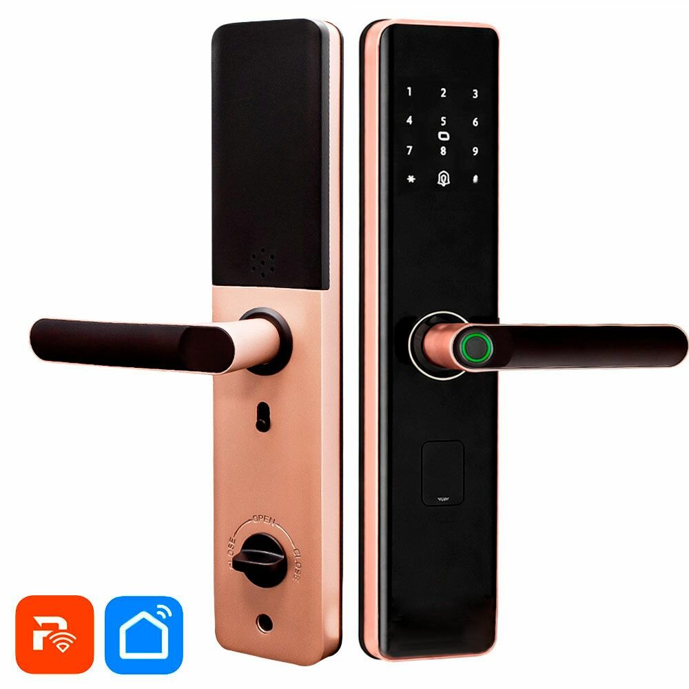 Умный замок на входную дверь PS-Link PS-K2 Gold с WIFI / Tuya Smart / отпечаток пальца / 4 ригеля / RFID карты
