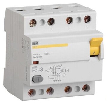 Дифференциальный выключатель нагрузки УЗО ВД1-63 4 полюса, 100А, Тип AC, 300мА | код. MDV10-4-100-300 | IEK (10шт. в упак.)