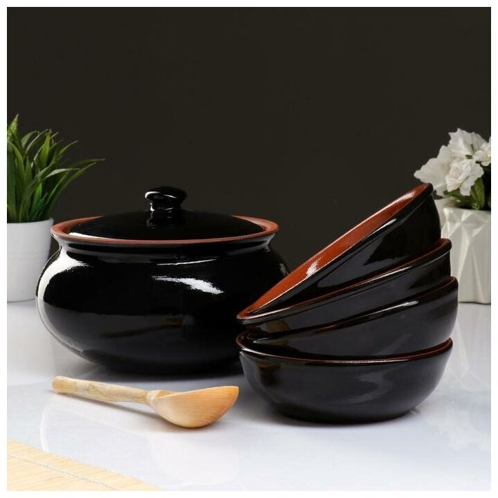 Набор посуды "Вятская керамика" 2,5л + 4х0,5л + ложка, черный 5156852