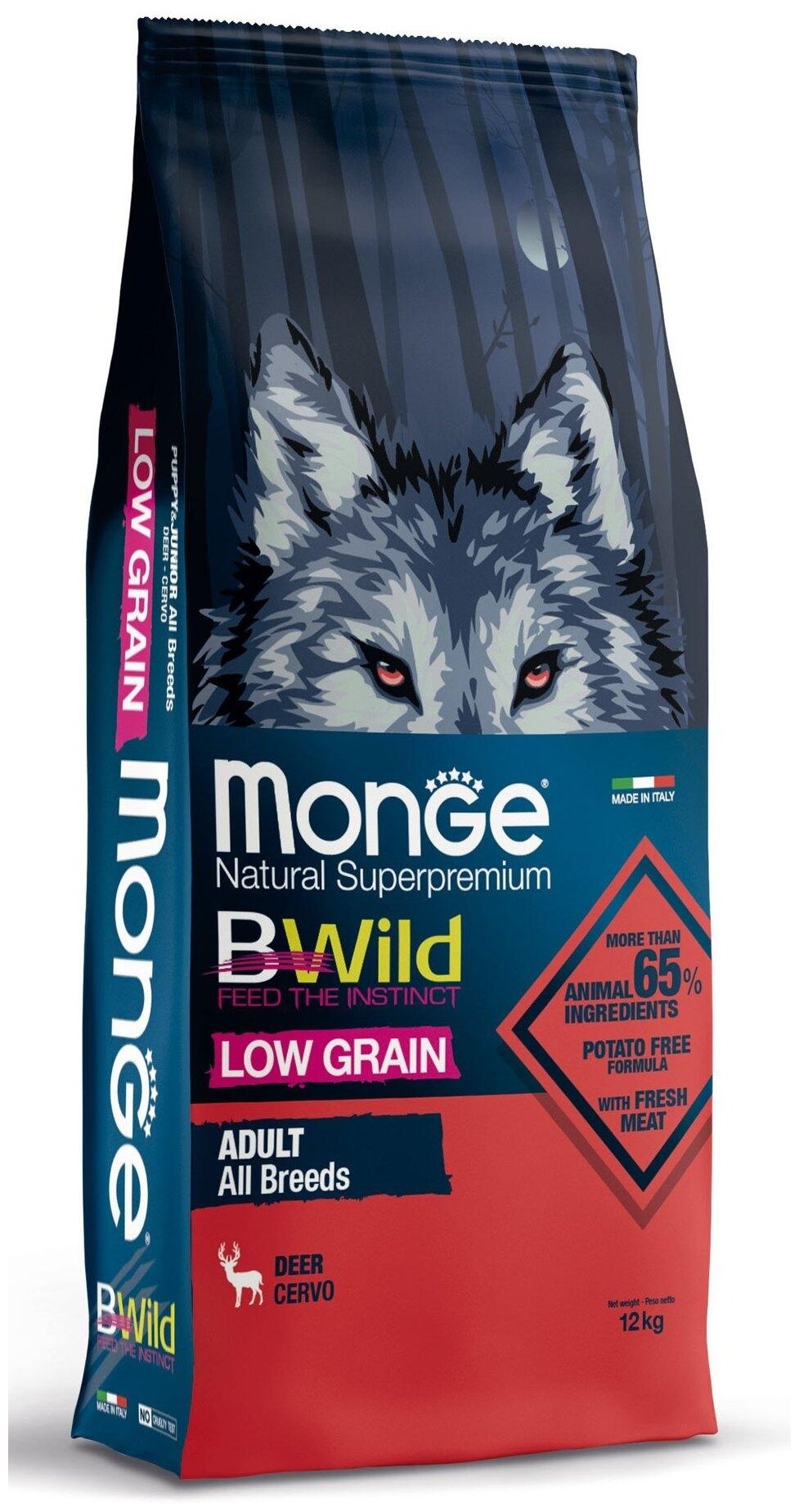 Корм Monge Dog BWild Low Grain низкозерновой для взрослых собак всех пород из мяса оленя, 12кг Unknown - фото №1