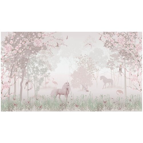 Фотообои Уютная стена Розовые единороги в туманном лесу 480х270 см Бесшовные Премиум (единым полотном)