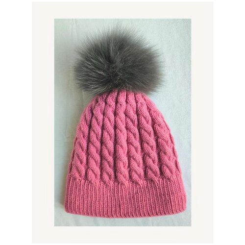 фото Шапка вязаная женская с меховым помпоном с подкладом из флиса, ручной работы natalia mishina