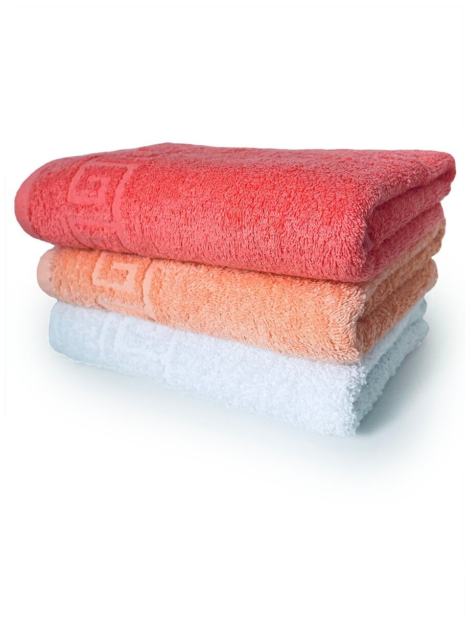 Полотенца махровые для лица 50х90, разноцветный комплект из 3 шт. "Белый+Персик+Коралл" - фотография № 3
