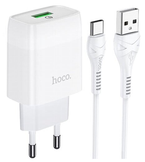 Сетевой адаптер питания Hoco C72Q Glorious White зарядка QC3.0 18W USB-порт + кабель USB-C, белый