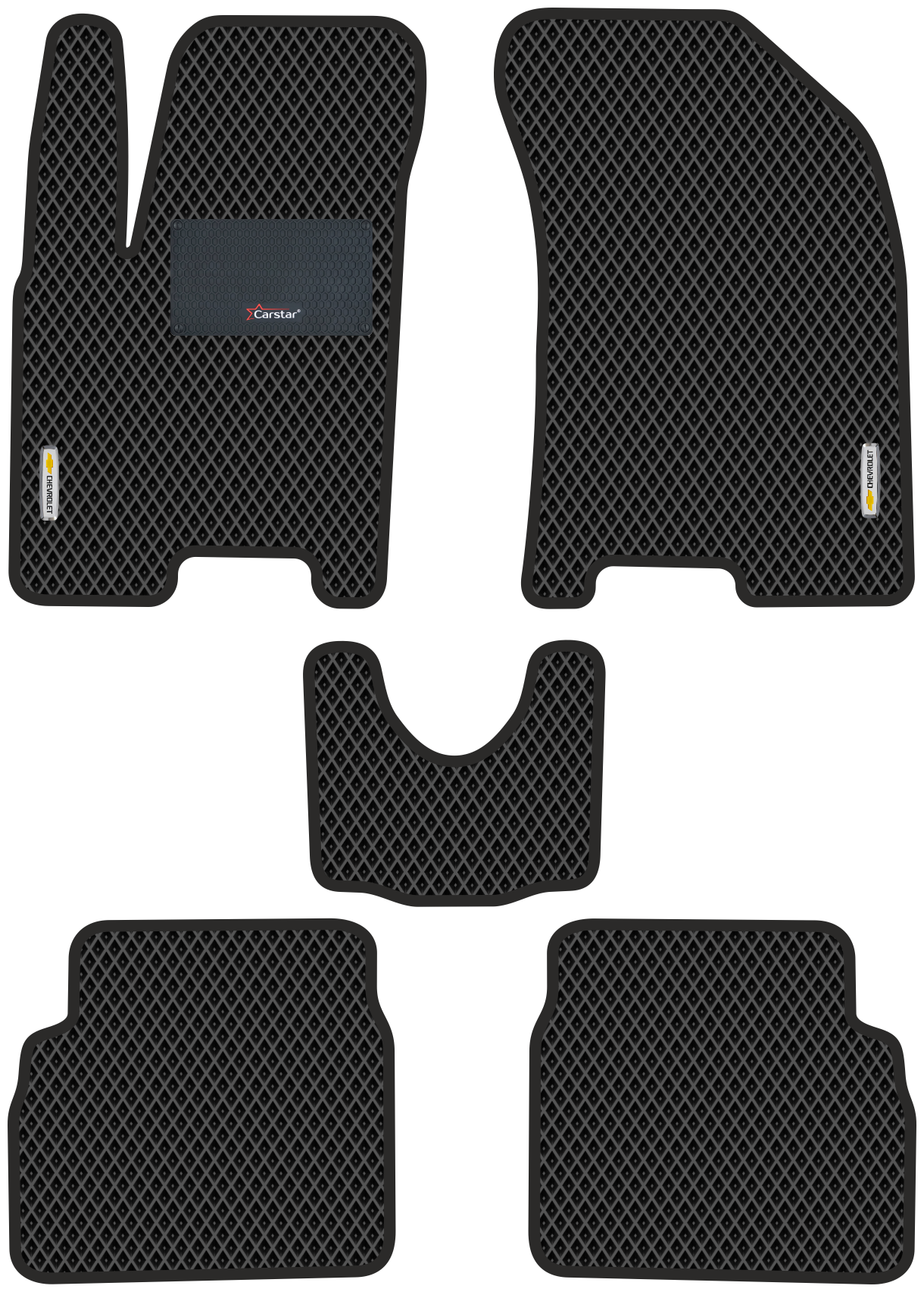 Автомобильные коврики EVA для Chevrolet Aveo I (2003-2012) с каучуковым подпятником и 2 эмблемами Chevrolet чёрные с чёрным кантом ячейка - ромб
