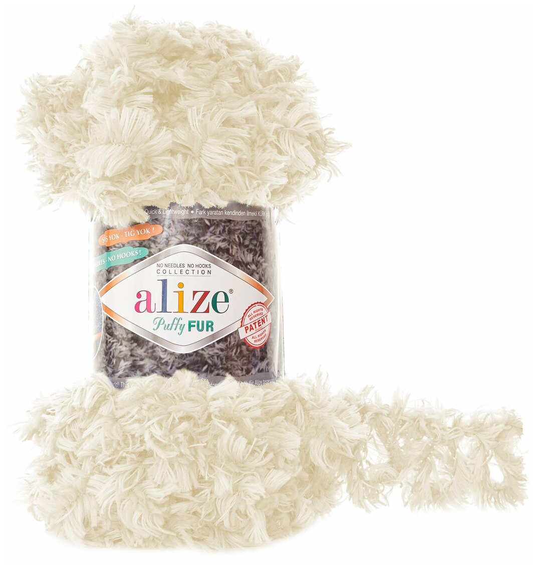 Пряжа для вязания Alize 'Puffy Fur' 100гр. 6м. (100% полиэстер) (6113 кремовый), 5 мотков