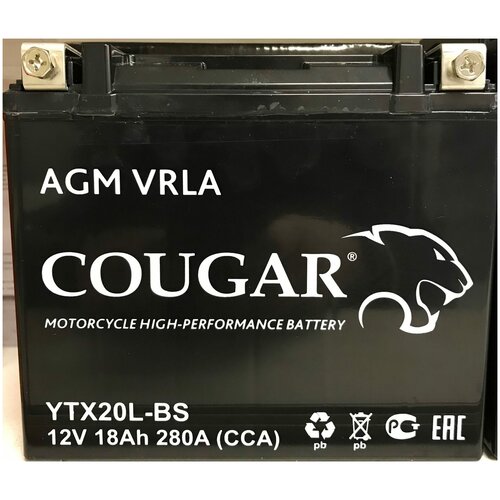 Аккумулятор мотоциклетный COUGAR AGM VRLA 12V18 YTX20L-BS 175x87x155