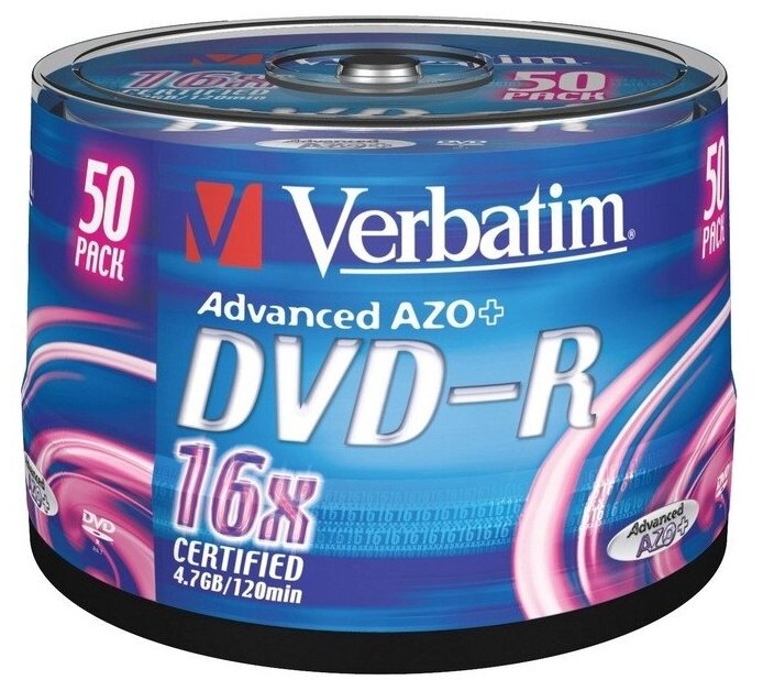 Компакт диск Verbatim DVD-R, скорость записи 16x, Azo Matt Silver, 4,7 гб, 50 шт (43548)