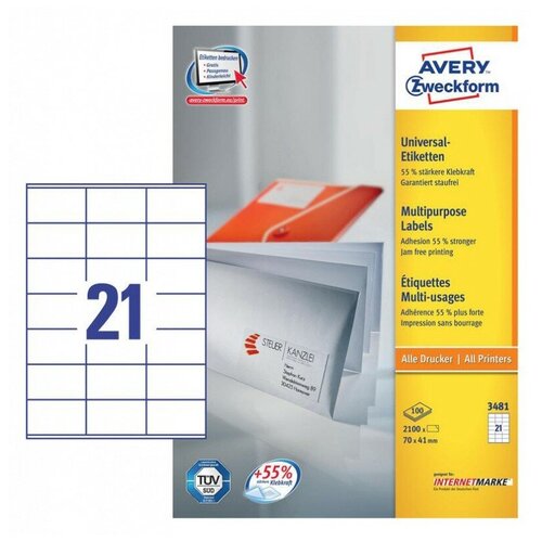 Этикетки Avery Zweckform 3481 A4 70x41мм 21шт на листе/70г/м2/100л./белый матовое самоклей. универсальная