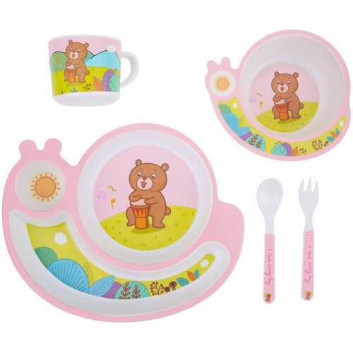 фото Набор детской посуды из бамбука 5 предметов "мишка розовый первый домовой