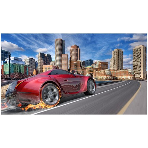 Фотообои Уютная стена Горящий автомобиль на фоне города 490х270 см Виниловые Бесшовные единым полотном 17200₽