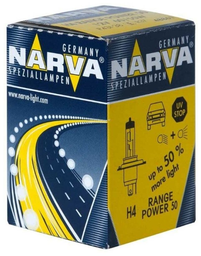 Автолампа NARVA H4 60 55 P43t-38+50% RANGE POWER 12V 1 10 100 HIT 488613000