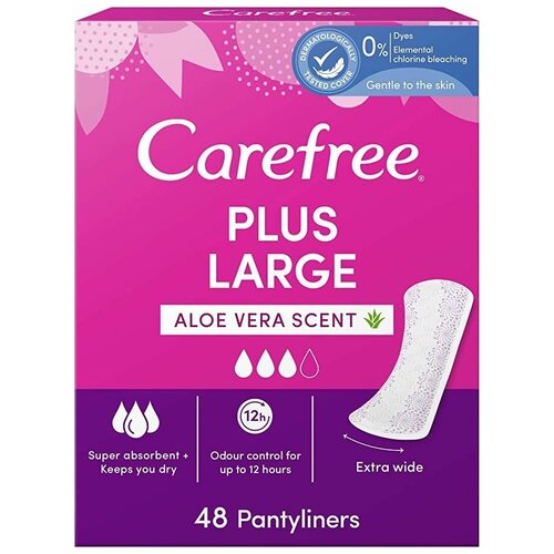 Ежедневные прокладки Carefree PLUS LARGE ALOE VERA SCENT, с ароматом свежести, экстра защита, увеличенный размер, 48 шт, 1 упак