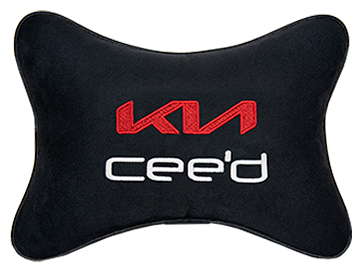 Автомобильная подушка на подголовник алькантара Black с логотипом автомобиля KIA Ceed