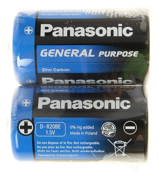 Батарейка солевая Panasonic General Purpose, D, R20-2S, 1.5В, спайка, 2 шт.
