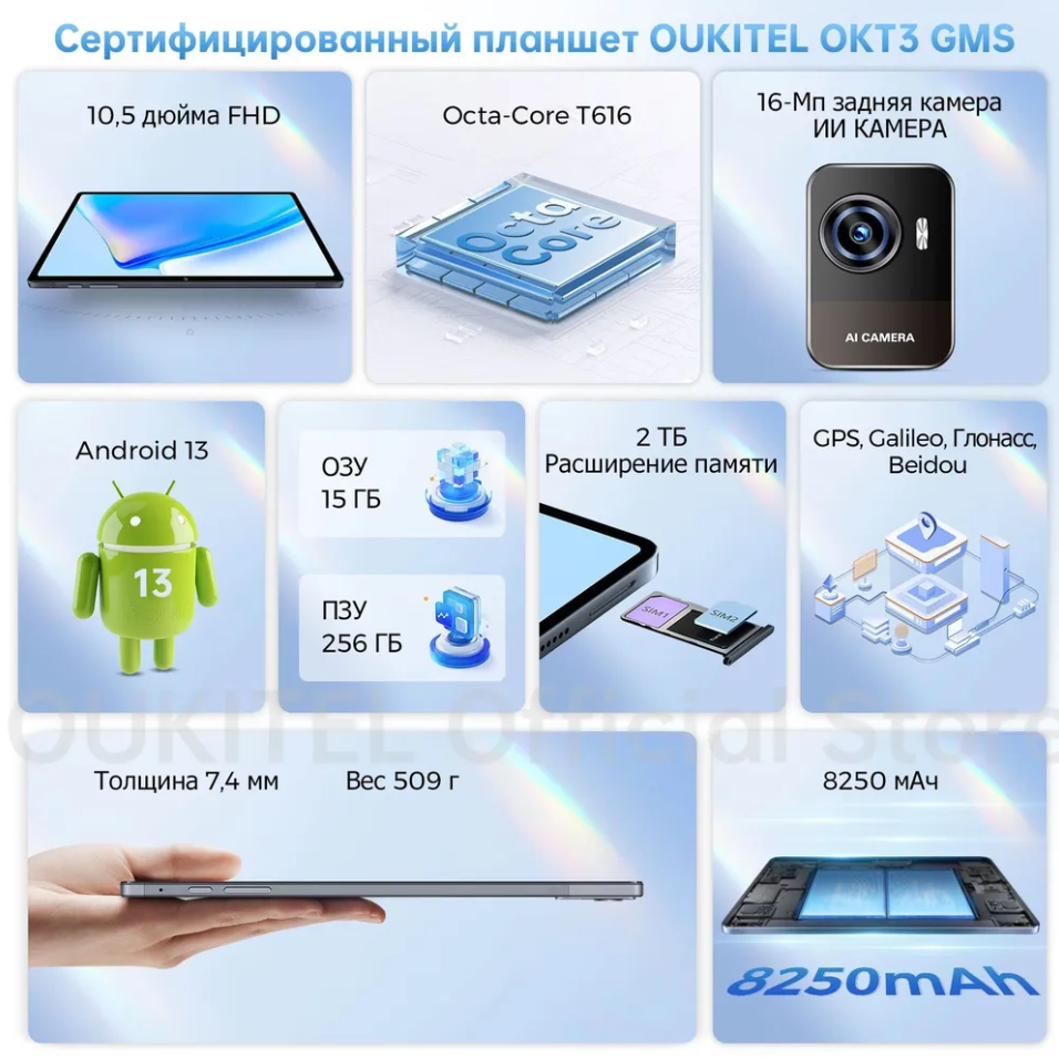 Планшет Oukitel OKT3 8\256 гб, Wi-Fi + Cellular, 2 sim, Cерый — фото 14