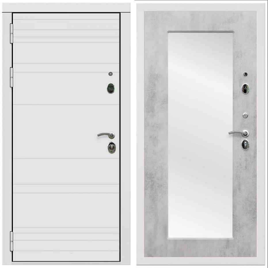 фото Дверь входная Армада Белая шагрень матовый линии горизонт / ФЛЗ-пастораль, Бетон светлый МДФ панель 16 мм с зеркалом