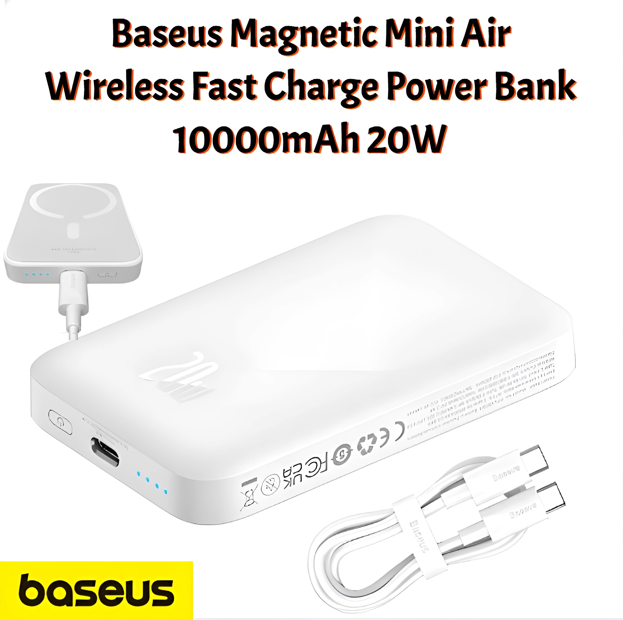 Внешний аккумулятор с беспроводной зарядкой Baseus Magnetic Mini Air Wireless Fast Charge Power Bank 10000mAh 20W, с кабелем type-c, белый