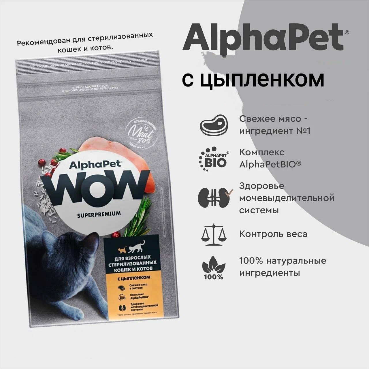 Сухой корм AlphaPet Wow для стерилизованных кошек с цыплёнком 1,5 кг