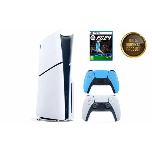 Игровая приставка Sony PlayStation 5 Slim с дисководом 1 ТБ два геймпада белый и голубой Fifa 24 8400000₽