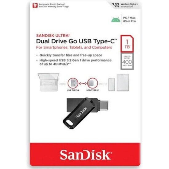 USB флешка Sandisk 1Tb Ultra Dual Drive Go USB 3.1 gen 1/ USB Type-C 150 Mb/s