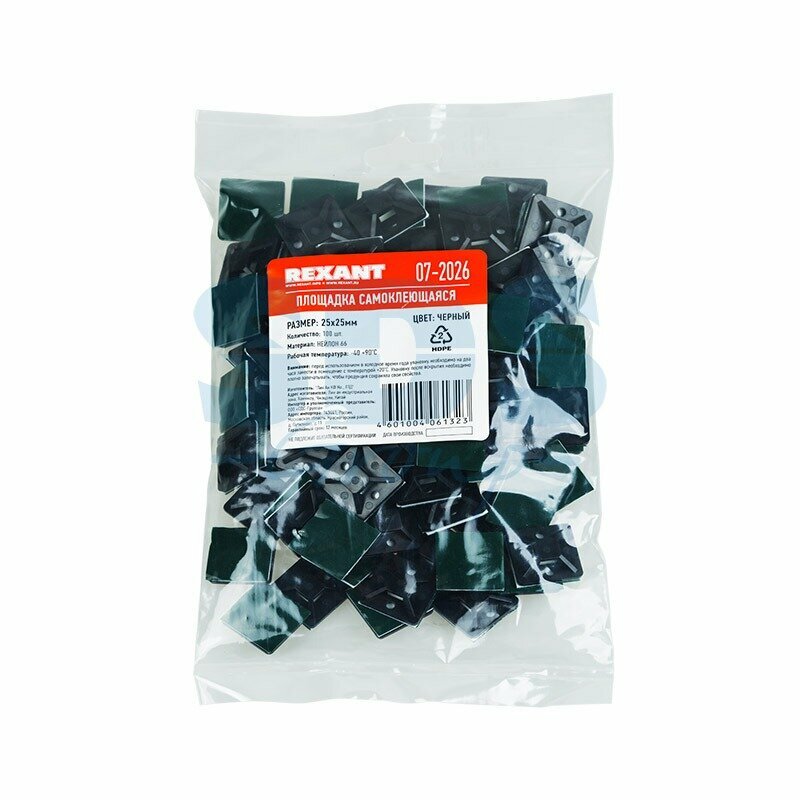 Площадка для кабеля Rexant 07-2026 25 х 25 мм, черная (100 штук) — фото 1
