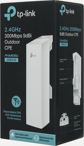 Изображение товара Точка доступа TP-Link CPE210 белый, однодиапазонный 2.4 ГГц, внутренние 2 ант, входной интерфейс 10/100BASE-TX