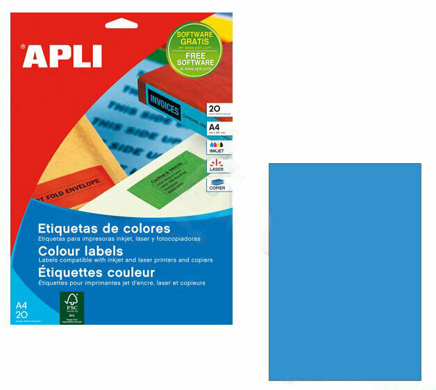 Этикетки APLI, А4, 210х297, 1шт/л, 100л, прямоугольные, голубые 11839