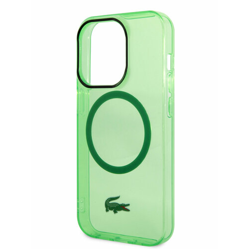 фото Lacoste для iphone 15 pro max чехол pc/tpu croc logo hard transparent green (magsafe)