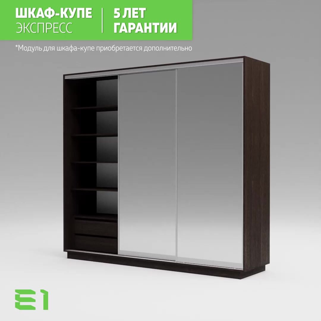 Шкаф-купе Е1 Экспресс трехдверный, зеркала, 210х60х220, темно-коричневый — фото 1