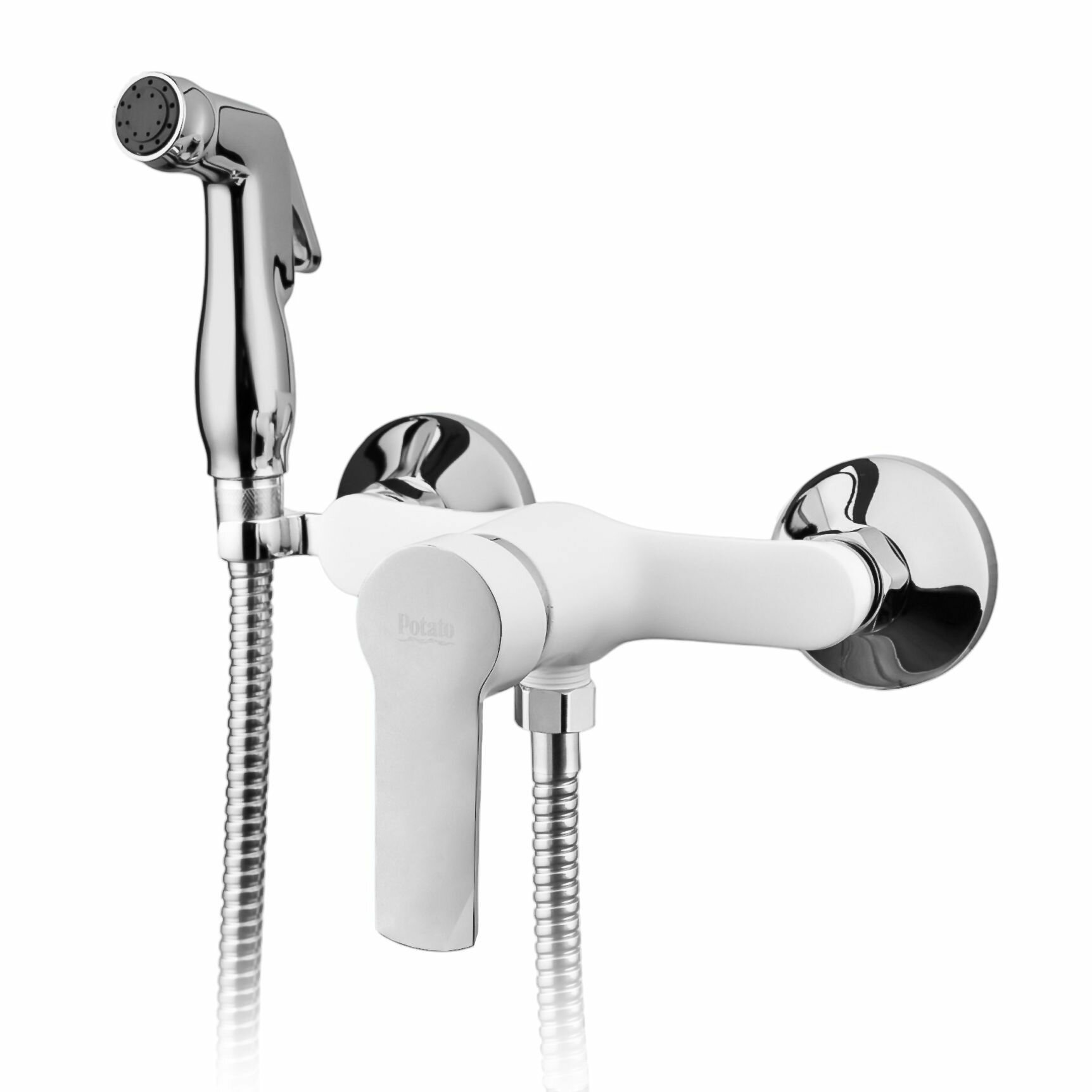 Смеситель для биде с гигиенической лейкой, белый матовый с хромированной шаровой ручкой