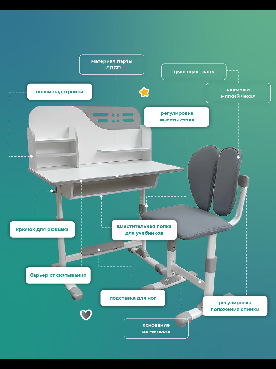 Изображение Комплект детской мебели стол и стул, растущая детская мебель, серый