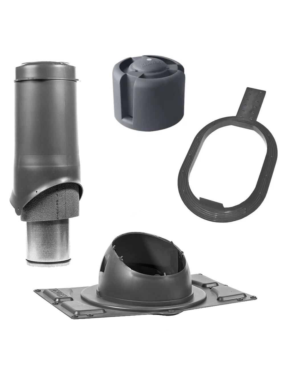 Выход вентиляционный, комплект, 150 мм h-500 утеплённый Krovent, труба вытяжная на крышу с грибком и проходным элементом для всех видов кровельного покрытия+уплотнитель гидрозатвора, серый (RAL 7024)