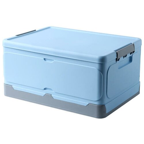 Складной пластиковый органайзер-ящик для хранения вещей с крышкой, универсальный, на замках, с ручкой (23х46х34), голубой.
